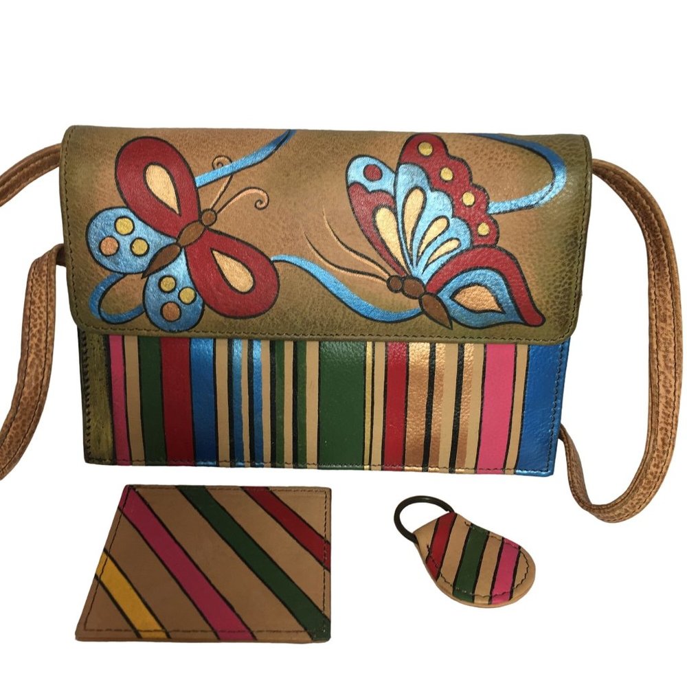 Anuschka  NEVER USED Handpainted Leather Cross Body Butterfly Stripes
